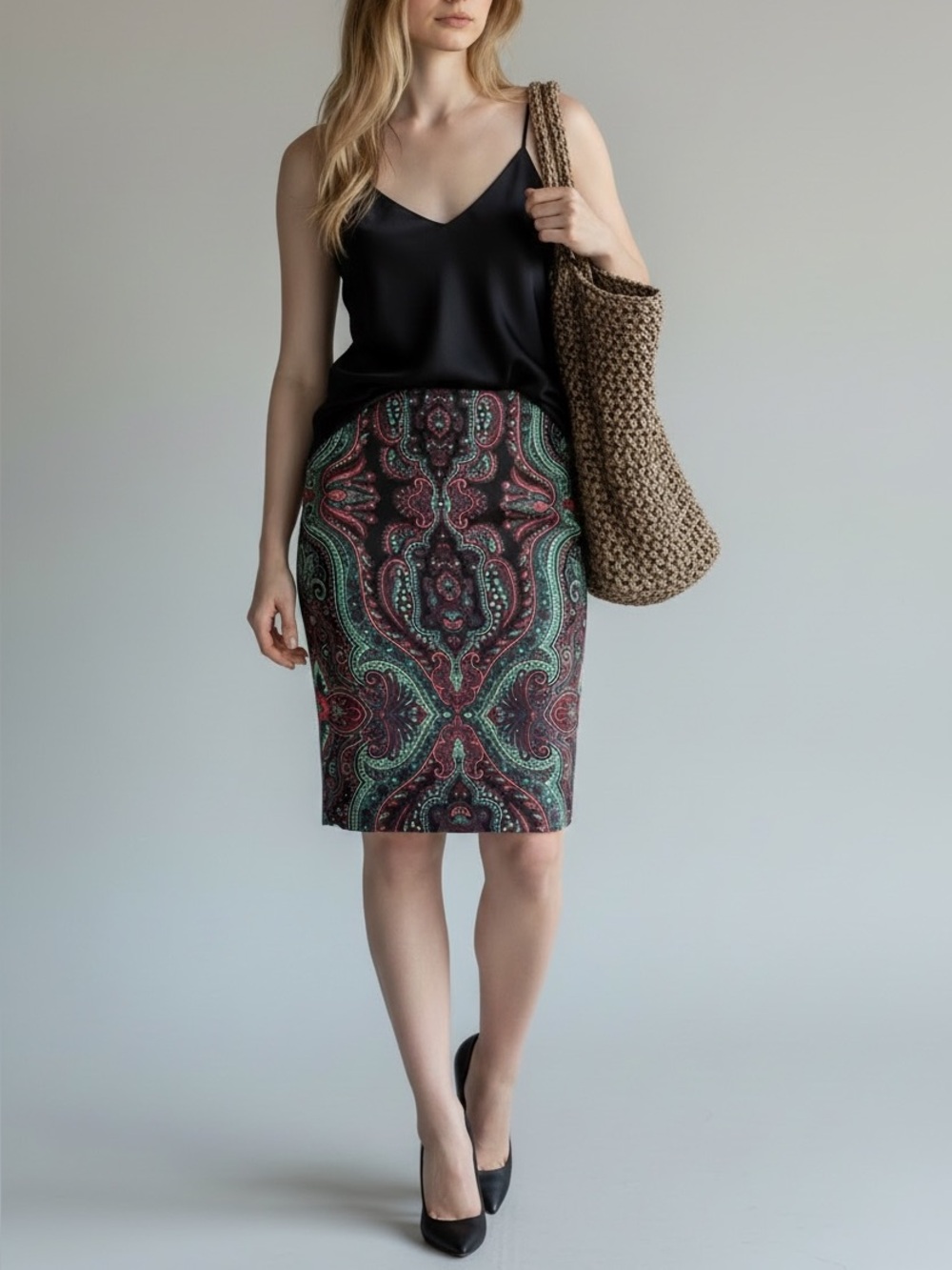 Adrianna Papell Green Pink Black Multi  Paisley Pencil Straight Skirt